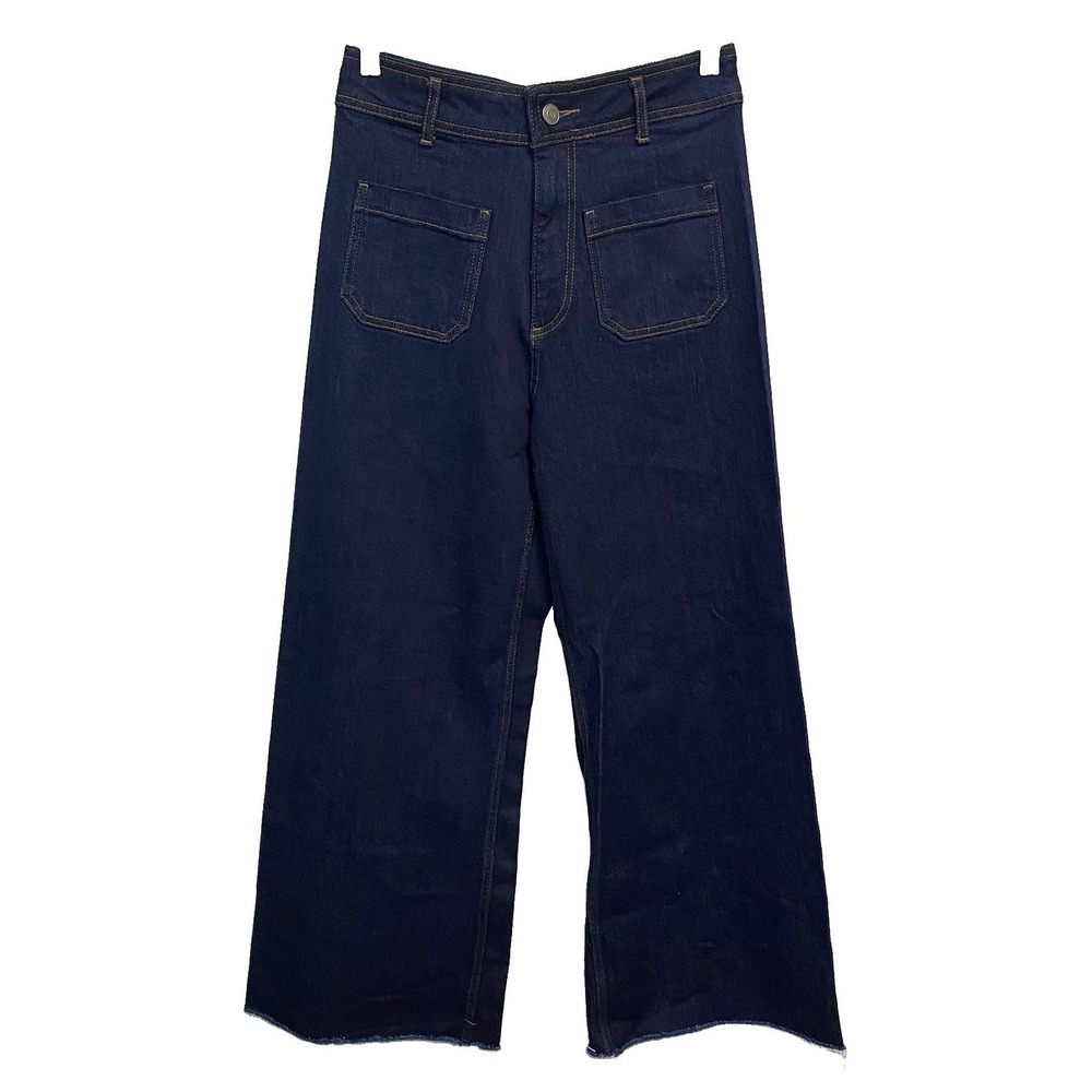 Zara Womens Wide Leg Raw Hem Denim Marine Pocket Indigo Dark Blue Jeans NEW 6‎